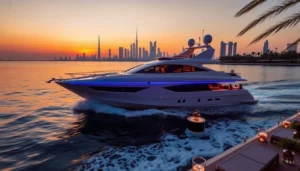 Luxury yacht with blue lights cruising past the Dubai skyline at sunset, a sunset yacht charter scene