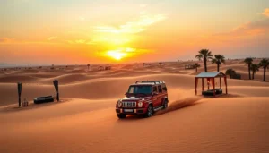 Red luxury SUV driving over desert dunes at sunset past palms and cabanas on a VIP desert safari in Dubai