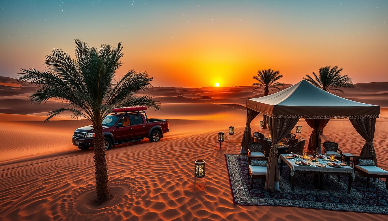 Luxury Land Rover Defenders driving through the golden dunes of the Dubai Desert Conservation Reserve at sunset, with a clear sky
