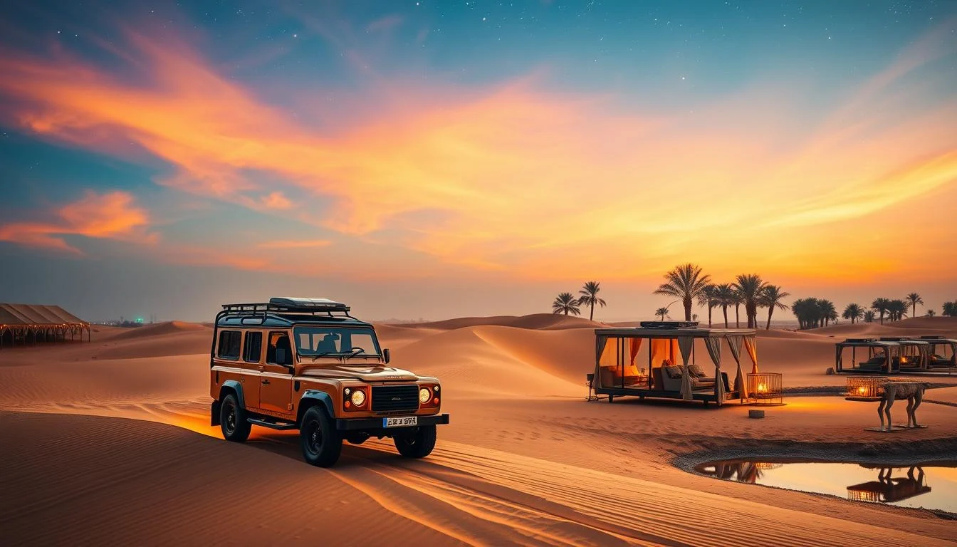 Tourists enjoying a luxurious private desert safari in Dubai with a classic Land Rover Defender at sunset