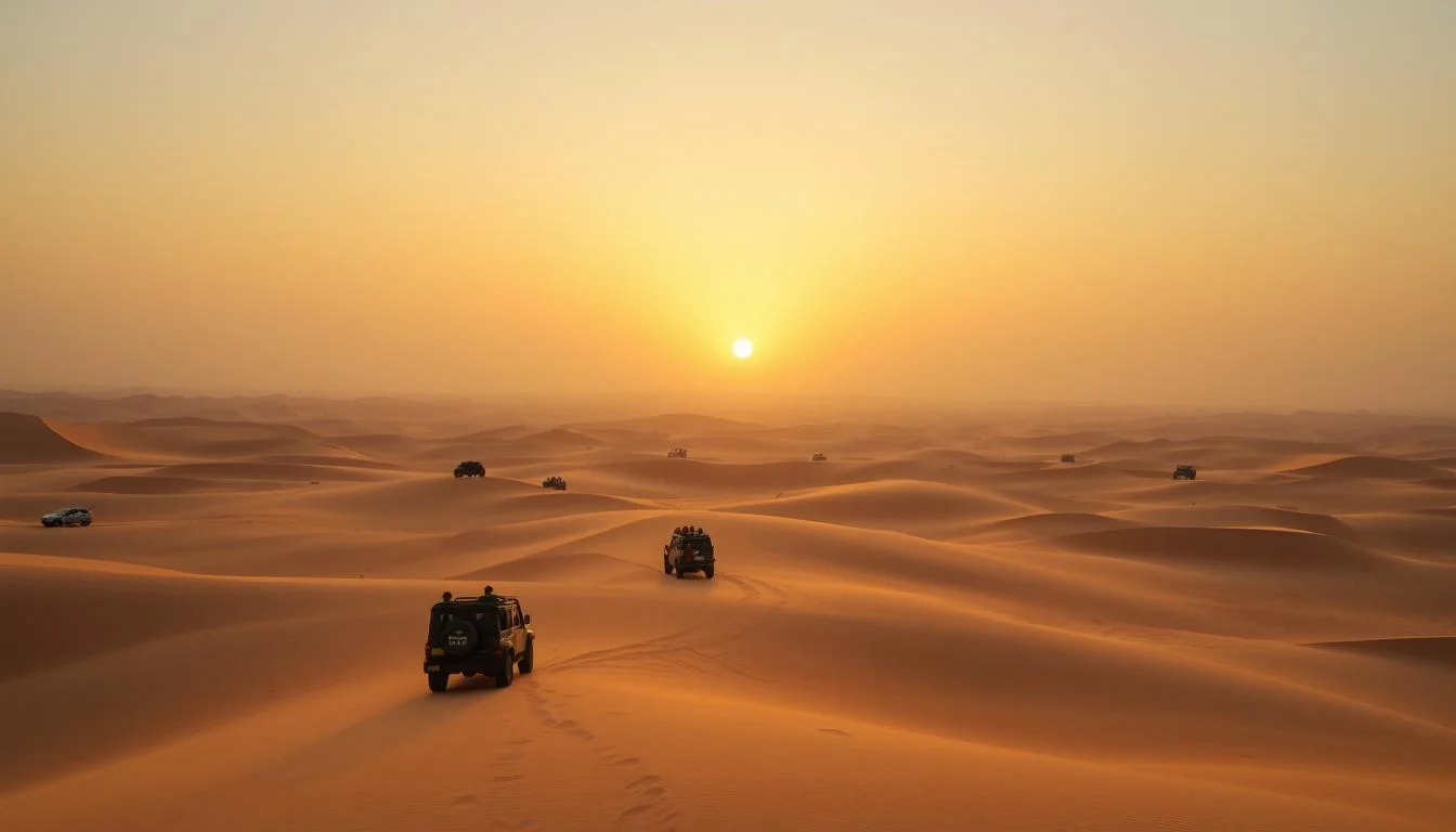 Tourists watching the sunrise over the golden dunes of the Abu Dhabi desert during a morning safari adventure