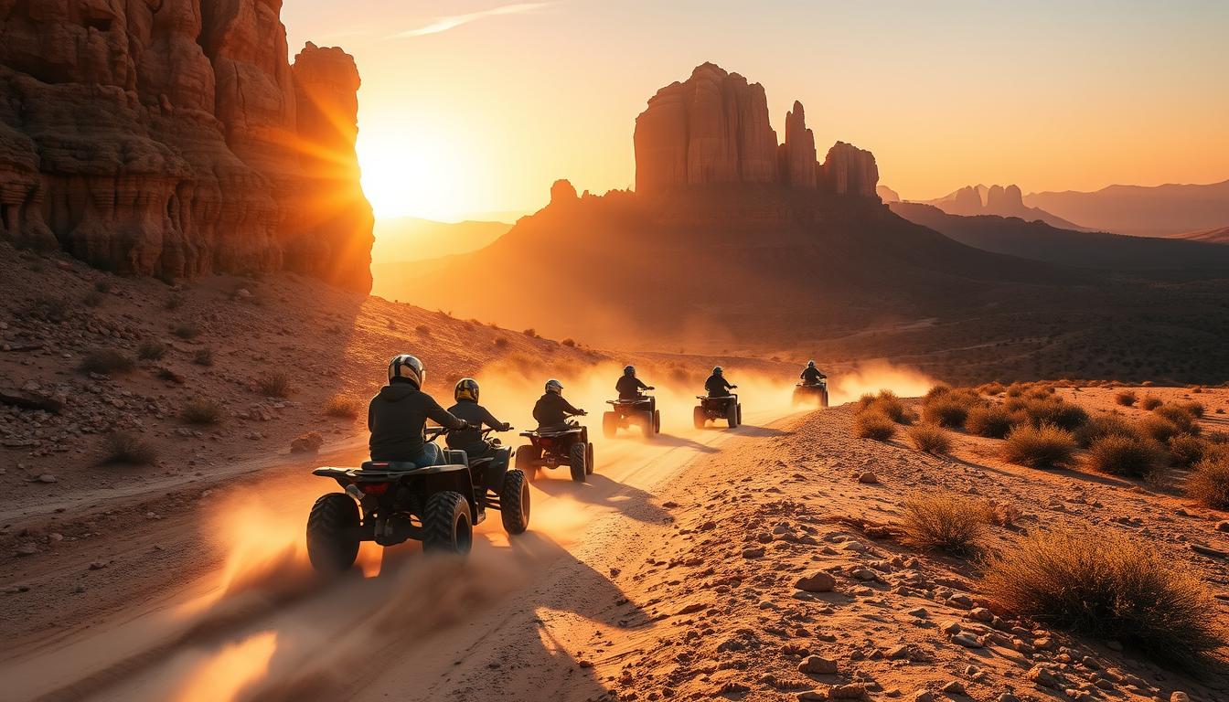 Tourists riding quad bikes across red Dubai desert dunes at sunrise, with golden light illuminating the landscape