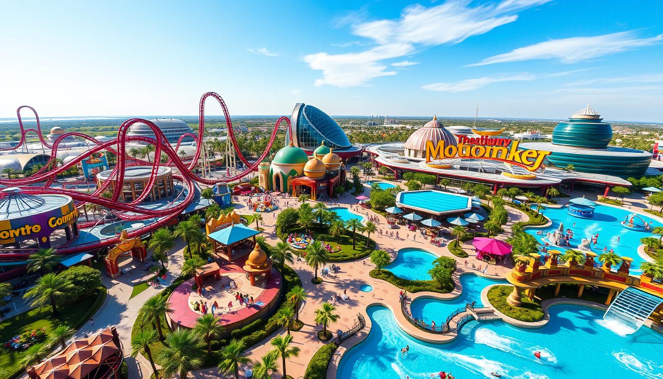 Families with children enjoying a thrilling ride at Motiongate Dubai theme park, surrounded by movie-themed attractions