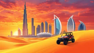 Tourists marveling at the towering Burj Khalifa and surrounding modern architecture in Dubai's vibrant cityscape