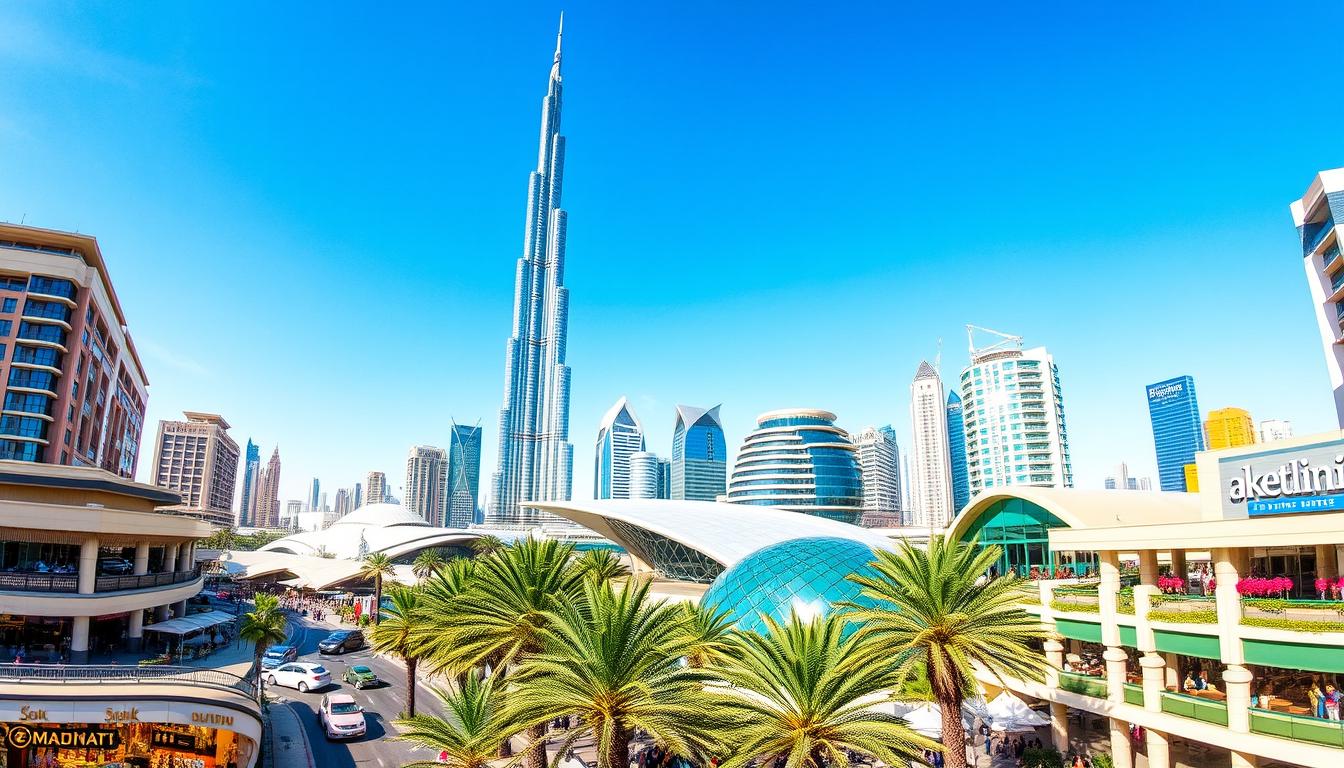 A solo female traveler admiring the modern skyline of Dubai with the Burj Khalifa in the background at sunset