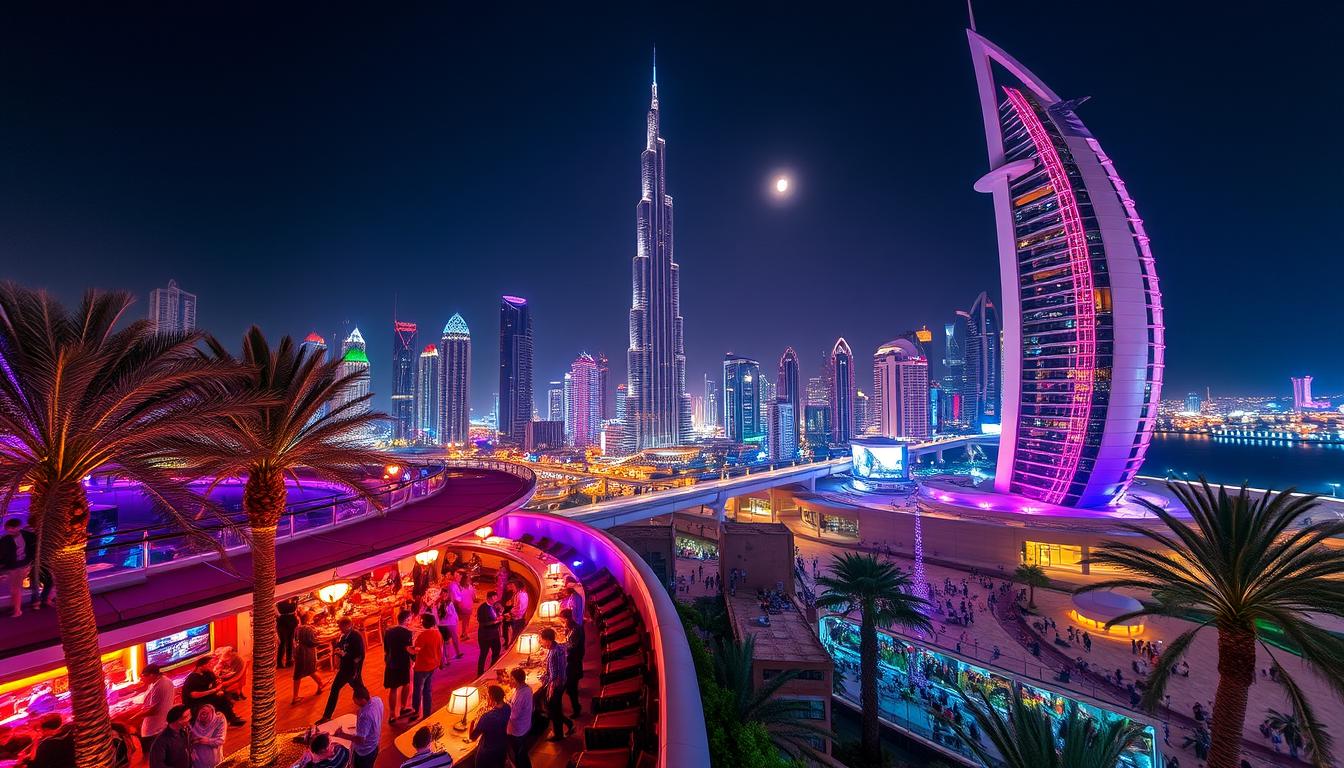 Twinkling city lights of Dubai at dusk, showcasing the vibrant and energetic nightlife scene with illuminated skyscrapers