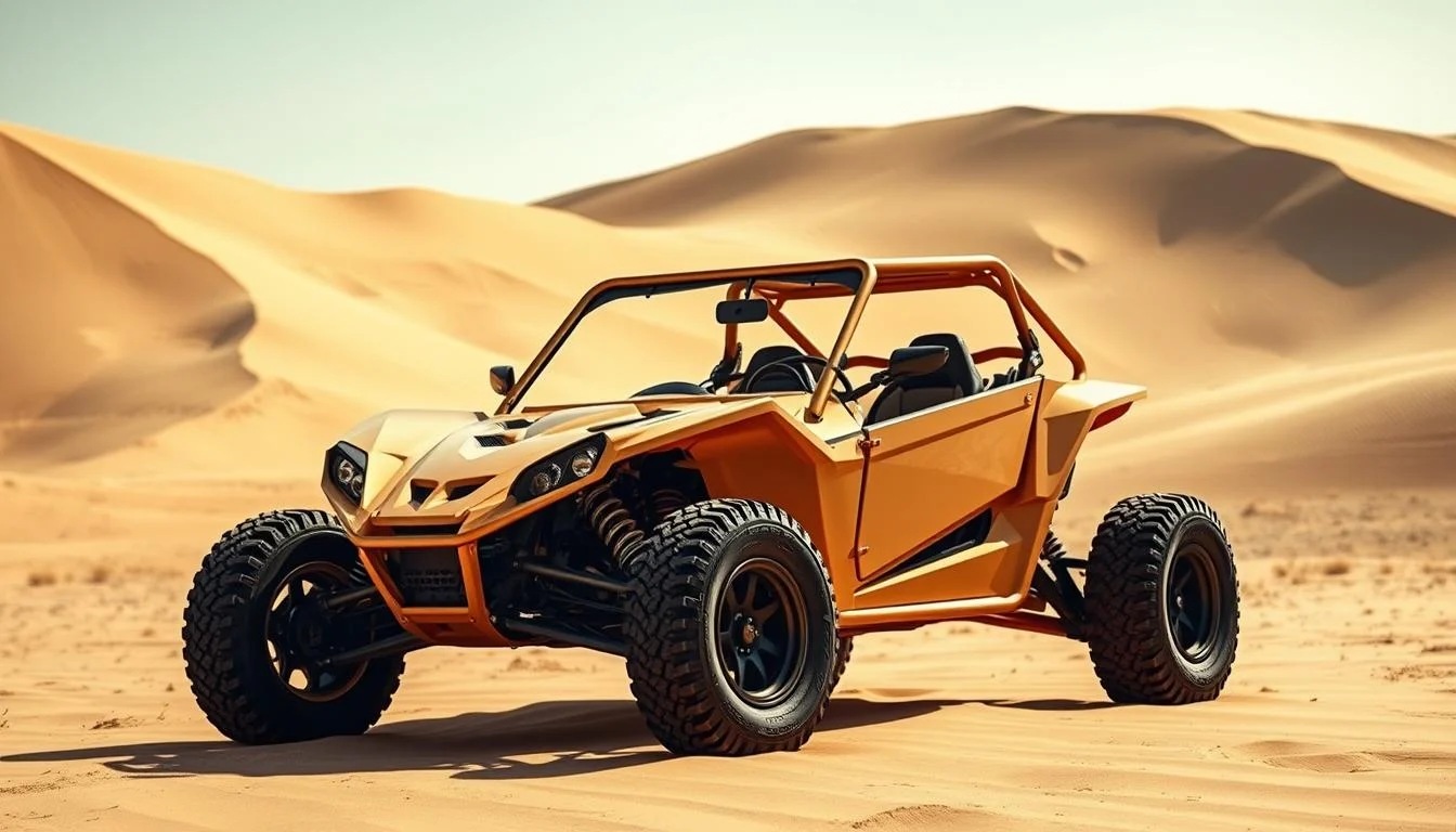 Two quad bikers speeding across red sand dunes in the Dubai desert, kicking up sand as the sun sets in the background