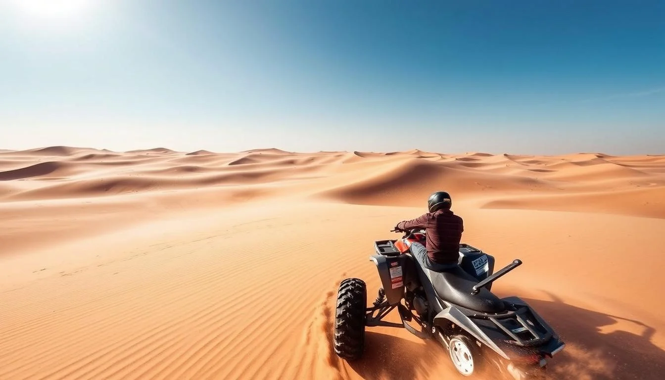 Tourists quad biking across the vast golden sand dunes of Oman's Wahiba Sands at sunset, with a clear sky