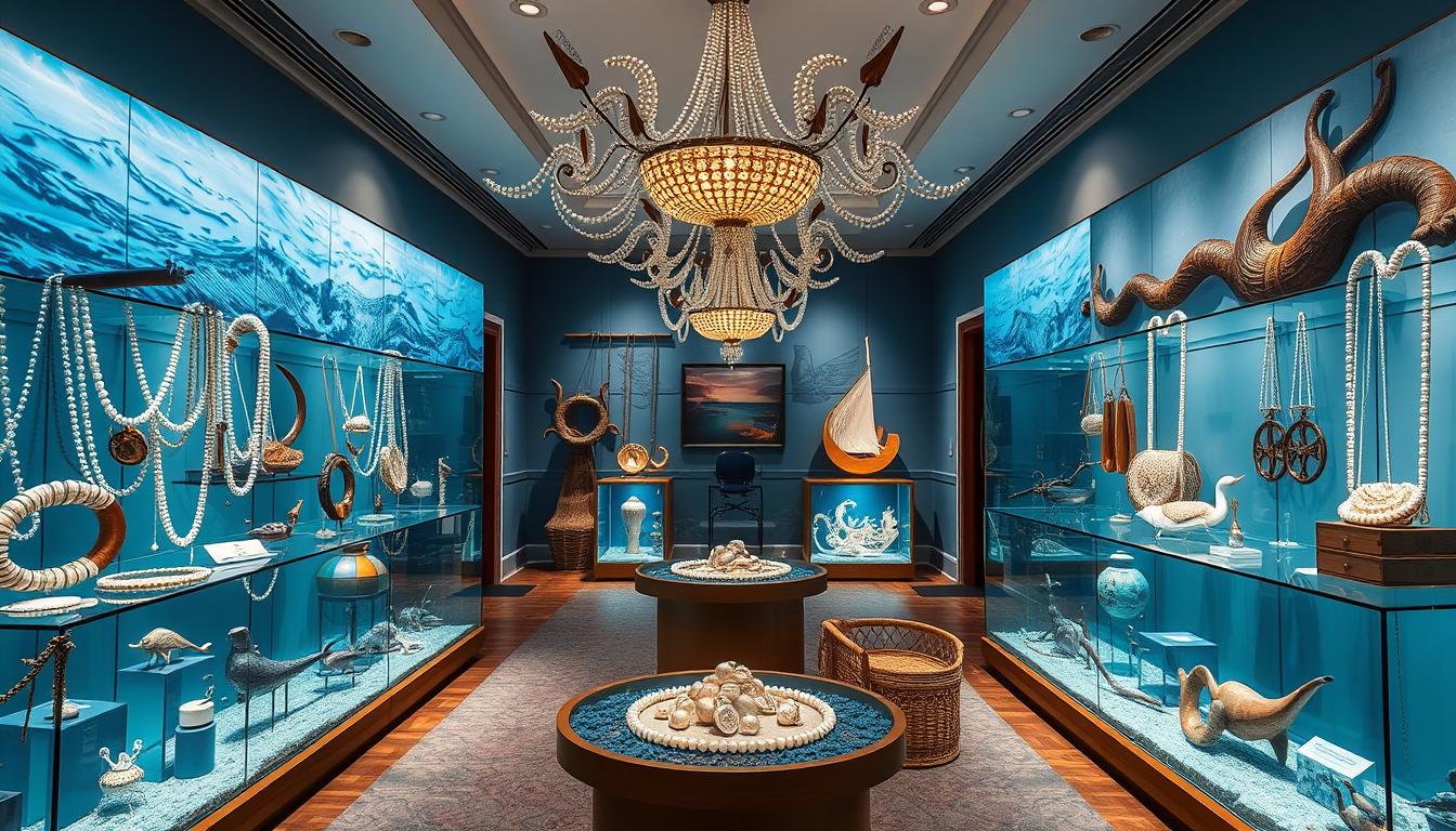 The entrance to the Pearl Museum Dubai, a modern building with traditional architectural elements, showcasing the UAE's marine heritage.