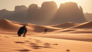 Photographer crouching on sand dunes to shoot a lone camel beneath rocky desert cliffs in golden light