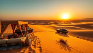 Premium desert safari in Dubai with a canopy lounge on the dunes and 4x4 vehicles at sunset