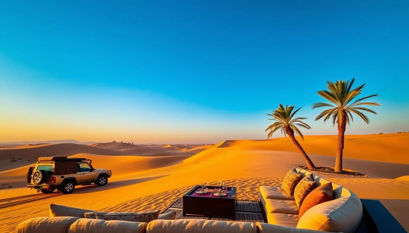 Tourists enjoying a private desert safari in Dubai, with a luxury SUV parked on golden sand dunes at sunset