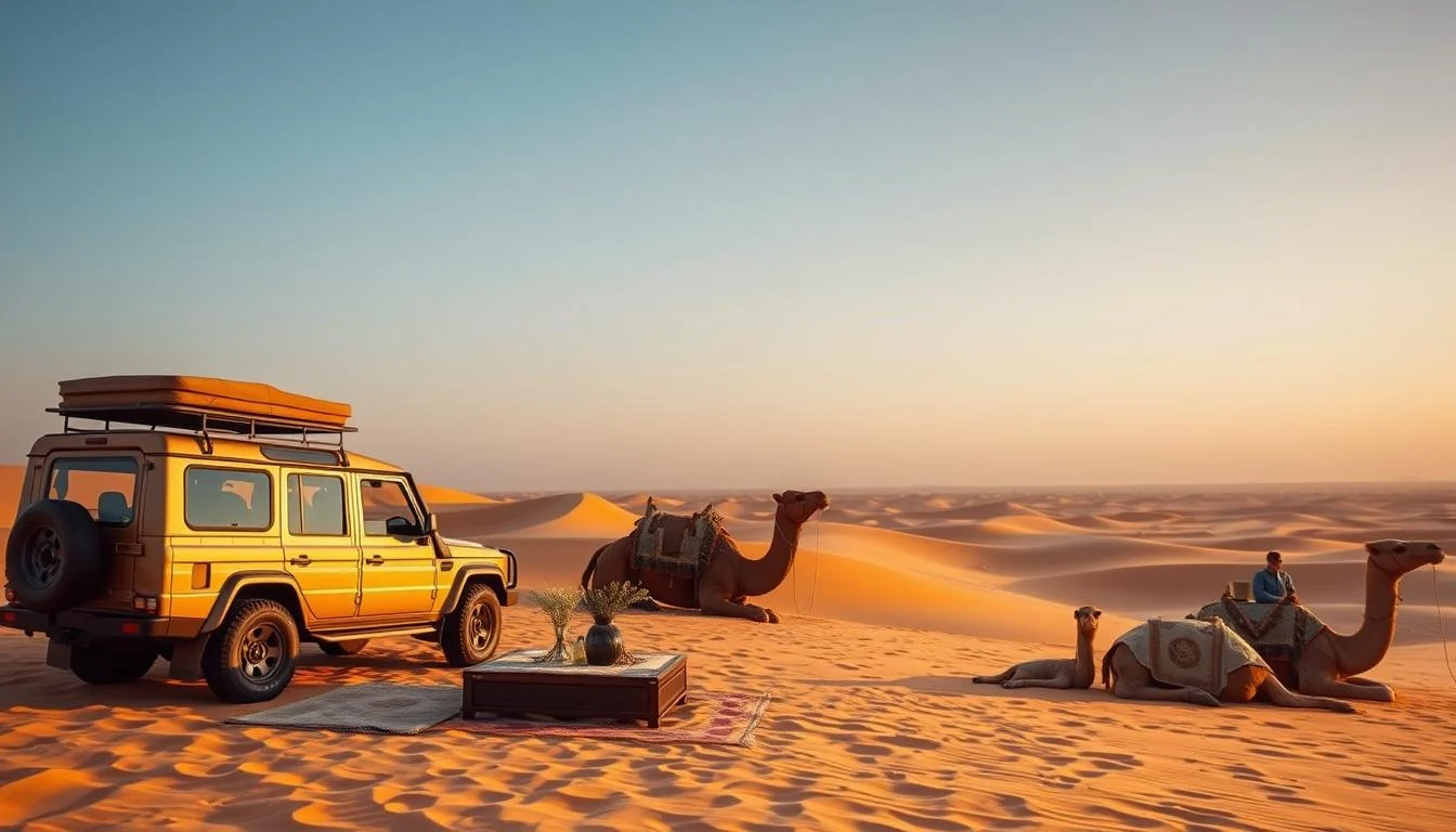 Tourists enjoying a private desert safari in Dubai with a luxury 4x4 vehicle at sunset, showcasing the exclusive adventure