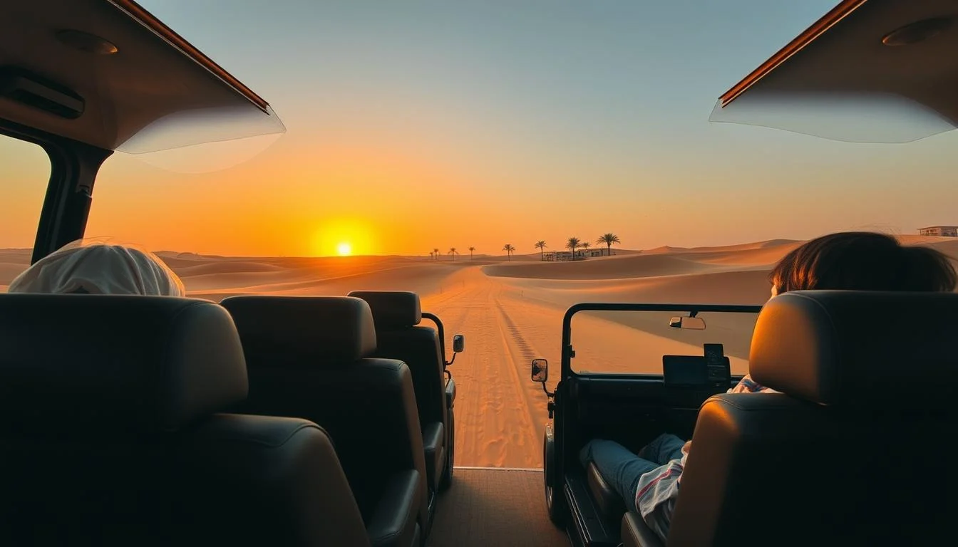 Luxury SUV driving through the golden sand dunes of the Dubai desert at sunset, providing private transfer for a safari experience