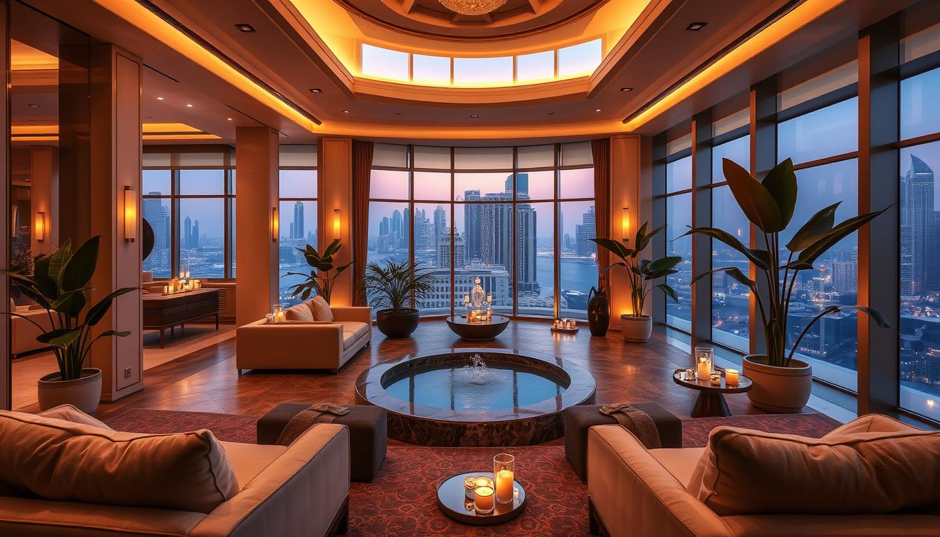 Luxurious private spa suite in Dubai with a large bathtub, plush seating, and serene decor, perfect for a relaxing getaway