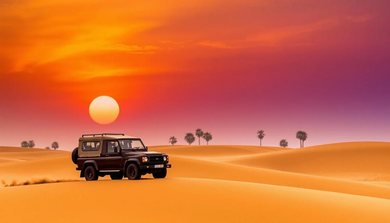 Tourists enjoying a private sunset safari in Dubai, watching the sun dip below the horizon over the vast Arabian desert dunes