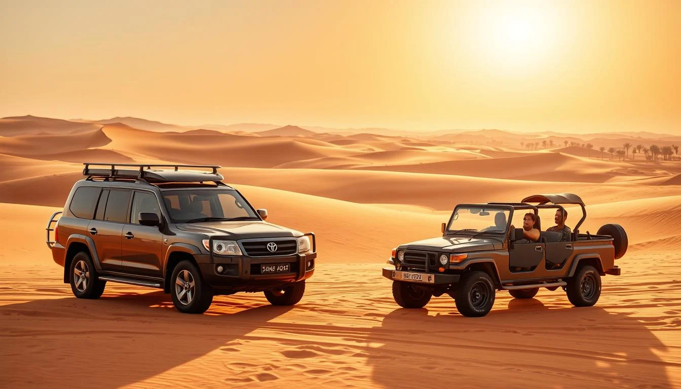 Tourists enjoying a desert safari with dune bashing and camel riding in the vast, golden sands of the UAE desert at sunset