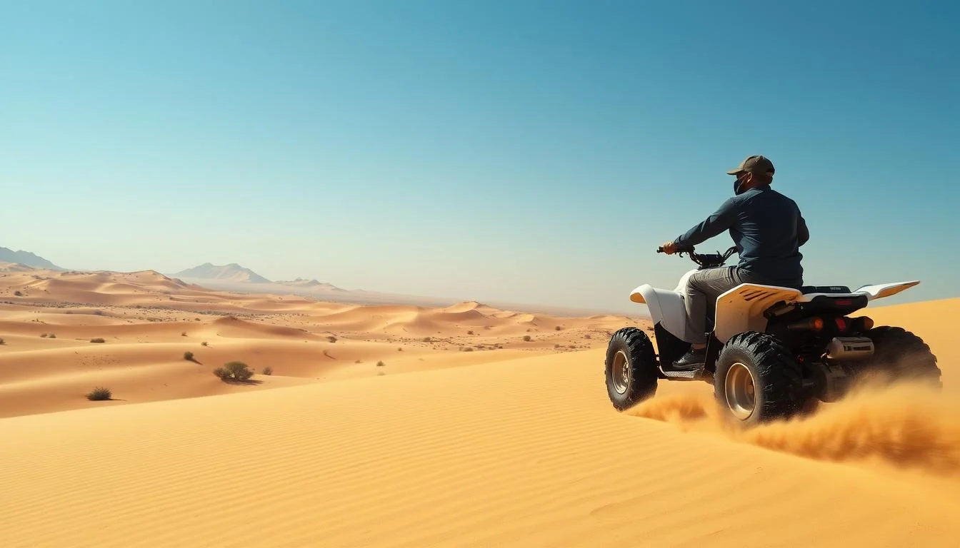 Tourists on quad bikes exploring the vast, sandy dunes of Abu Dhabi's desert at sunset, with a guide leading the way