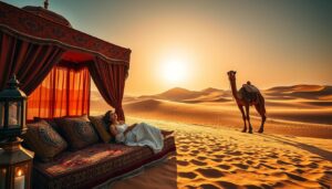 Woman in a white dress reclining under an ornate red canopy with lanterns and cushions as a camel stands on the dunes