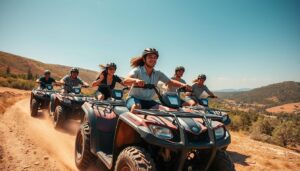 Team of corporate employees riding quad bikes across the vast Dubai desert dunes, fostering team spirit and collaboration during an outdoor adventure