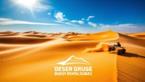 Tourists on quad bikes exploring the vast, golden sand dunes of Oman's Empty Quarter at sunset, with a clear sky above