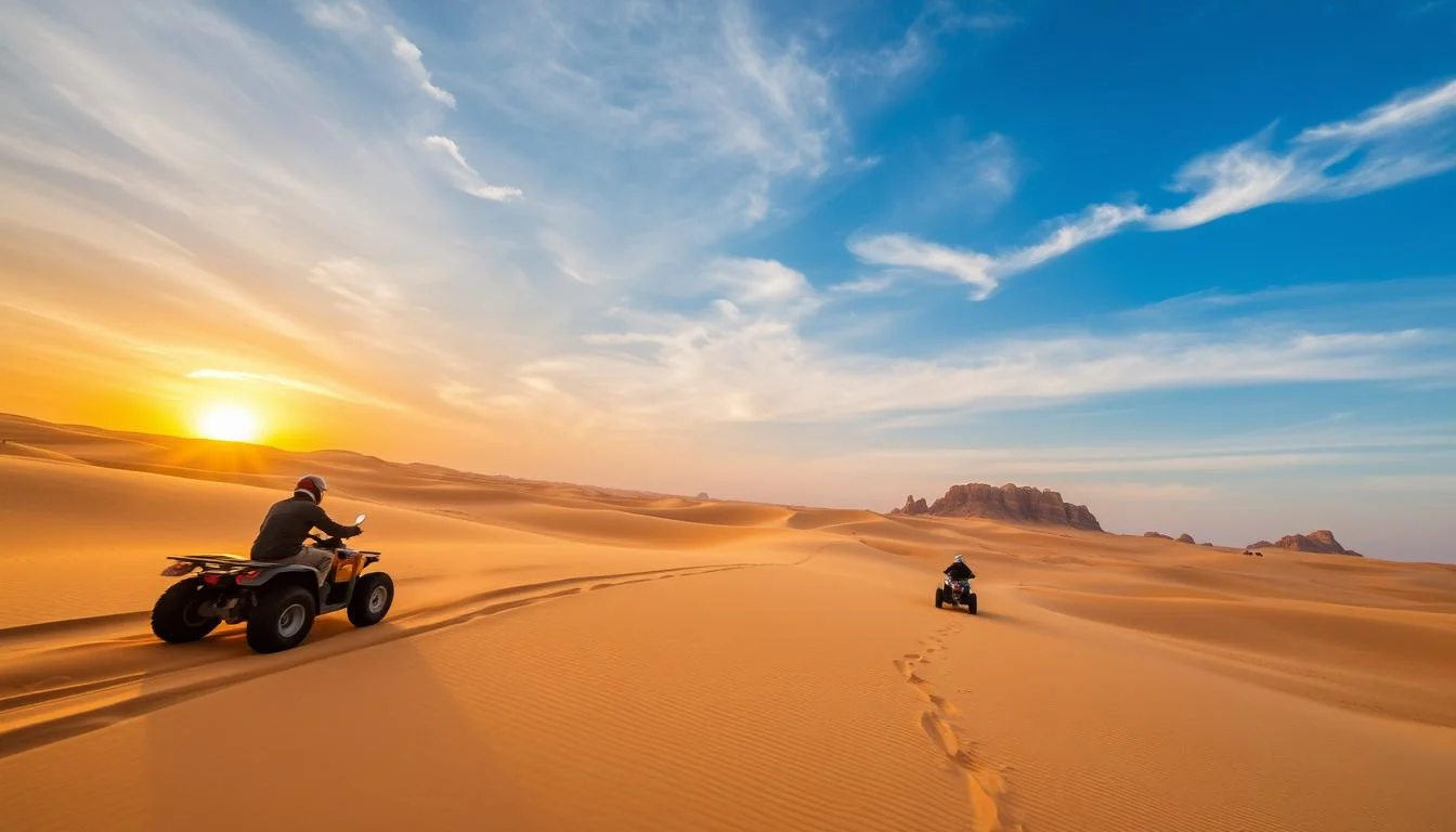 Tourists riding quad bikes across the golden dunes of Algeria's Djanet Desert at sunset, with a vast desert landscape in the background