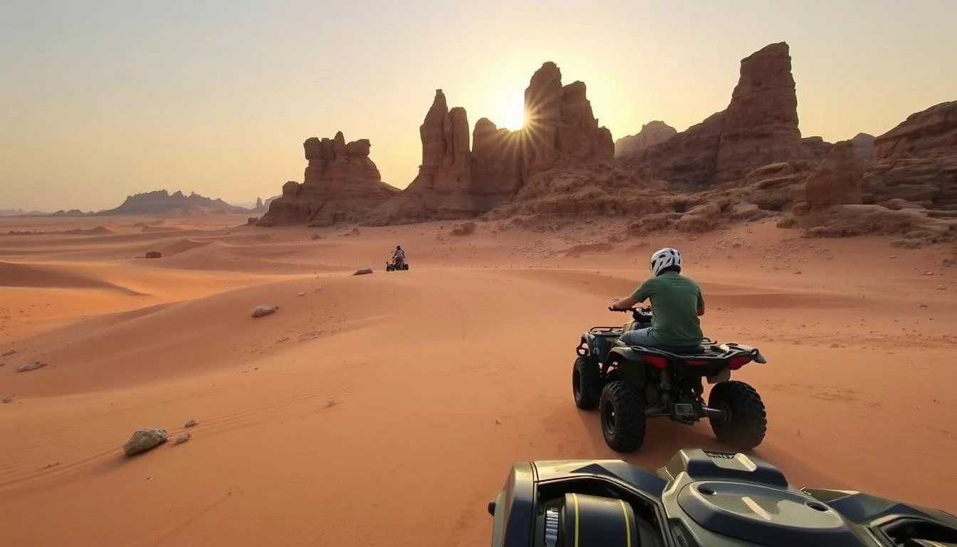Tourists riding quad bikes across the golden Eastern Desert of Jordan at sunset, with vast sand dunes and mountains in the background