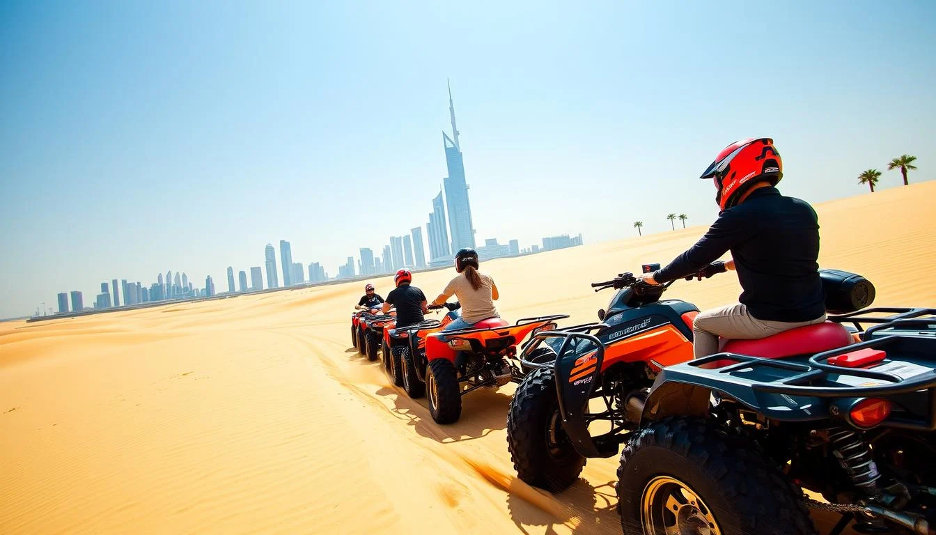 Tourists riding quad bikes across golden Dubai desert dunes at sunset, with a guide leading the way.