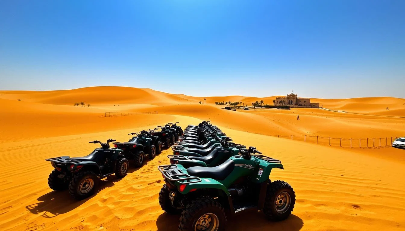 Tourists riding quad bikes across the vast, sun-kissed dunes of the Dubai desert at sunset with a clear sky