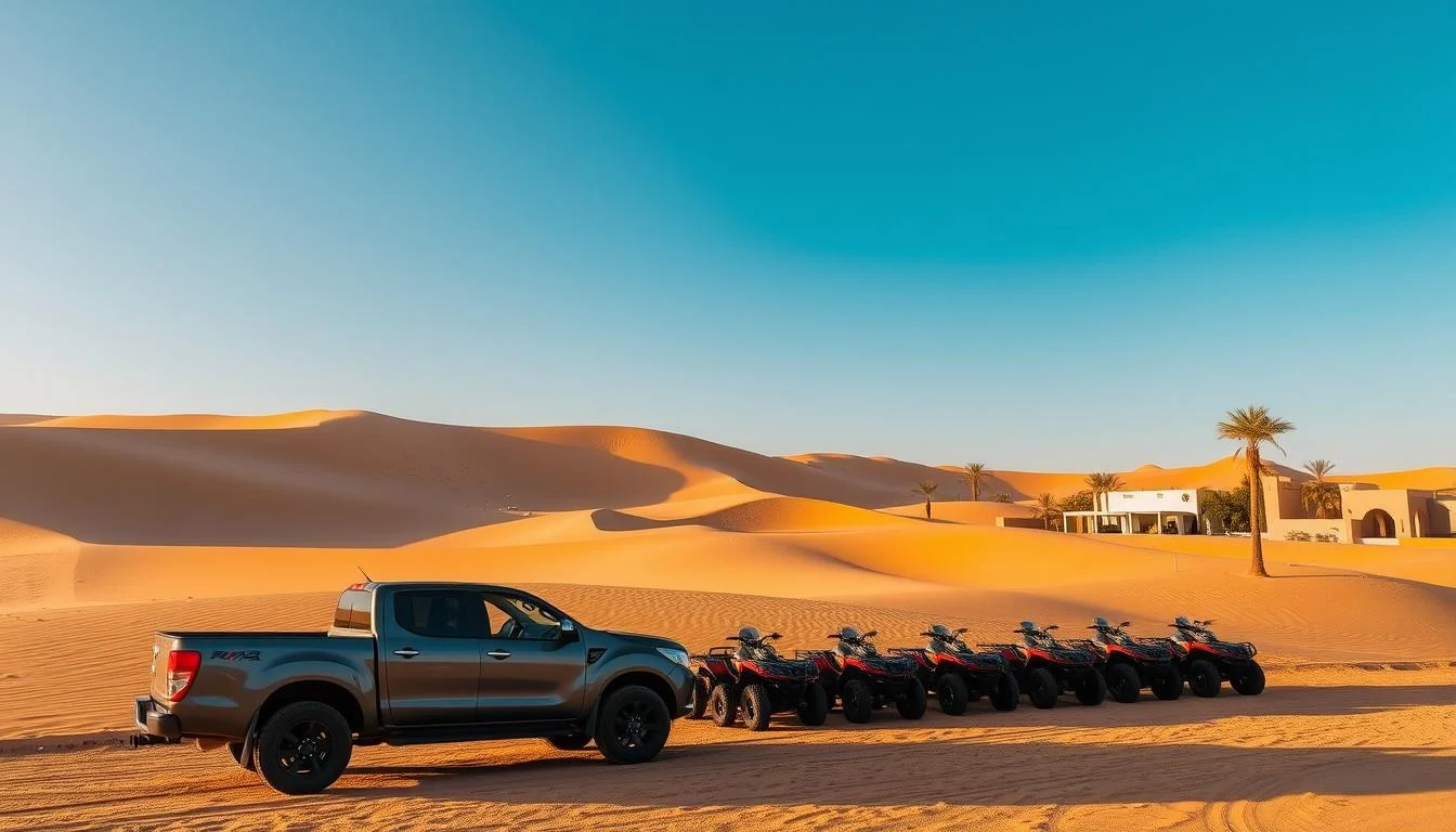 Tourists riding quad bikes across the golden dunes of the Arabian Desert at sunrise near Arabian Ranches in Dubai