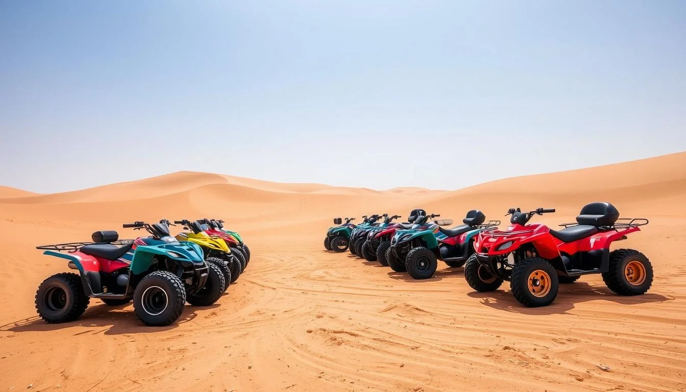 Tourists riding quad bikes across the golden sand dunes of the Dubai desert at sunset, with a 4x4 Toyota Land Cruiser in the background.