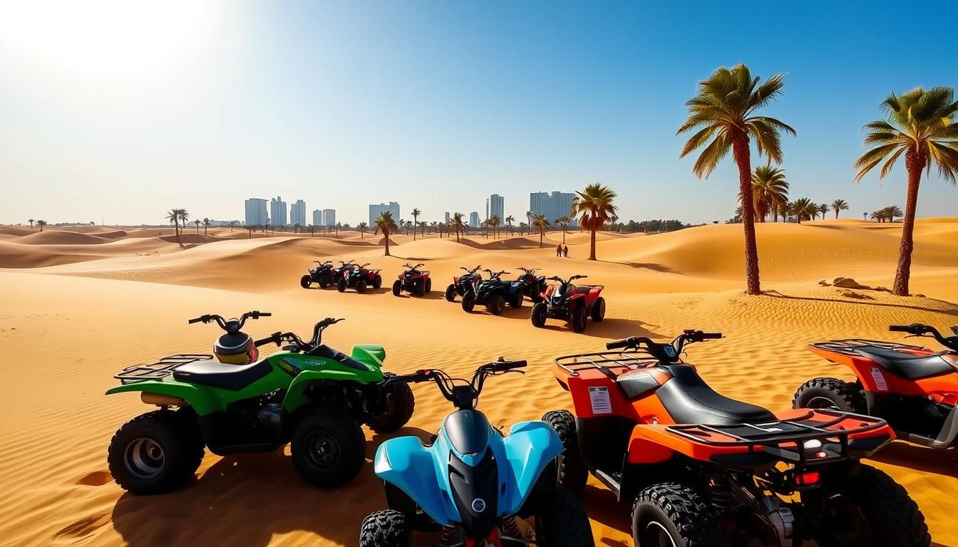 A person on a powerful quad bike, kicking up sand as they speed across the vast, golden dunes of the Dubai desert under a fiery sunset sky.