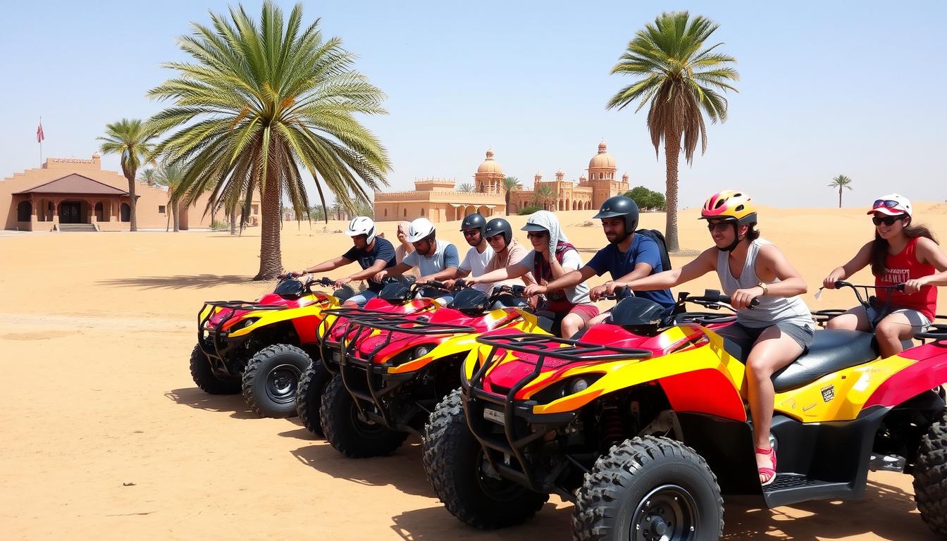 Tourists riding quad bikes across golden Dubai desert dunes with a clear blue sky in the background near Discovery Gardens