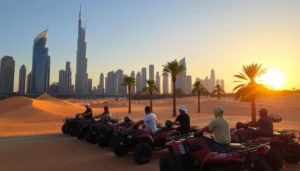 Quad biking tour riders on red quad bikes in the desert with the Downtown Dubai skyline and palm trees at sunset