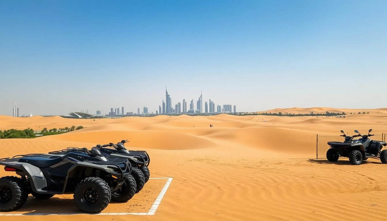 Tourists riding quad bikes through sun-kissed dunes in the Dubai desert, with professional guides leading the way