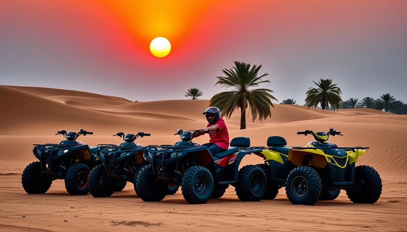 Tourists enjoying a guided quad biking tour across the golden sand dunes of the Arabian desert near Emirates Hills, Dubai