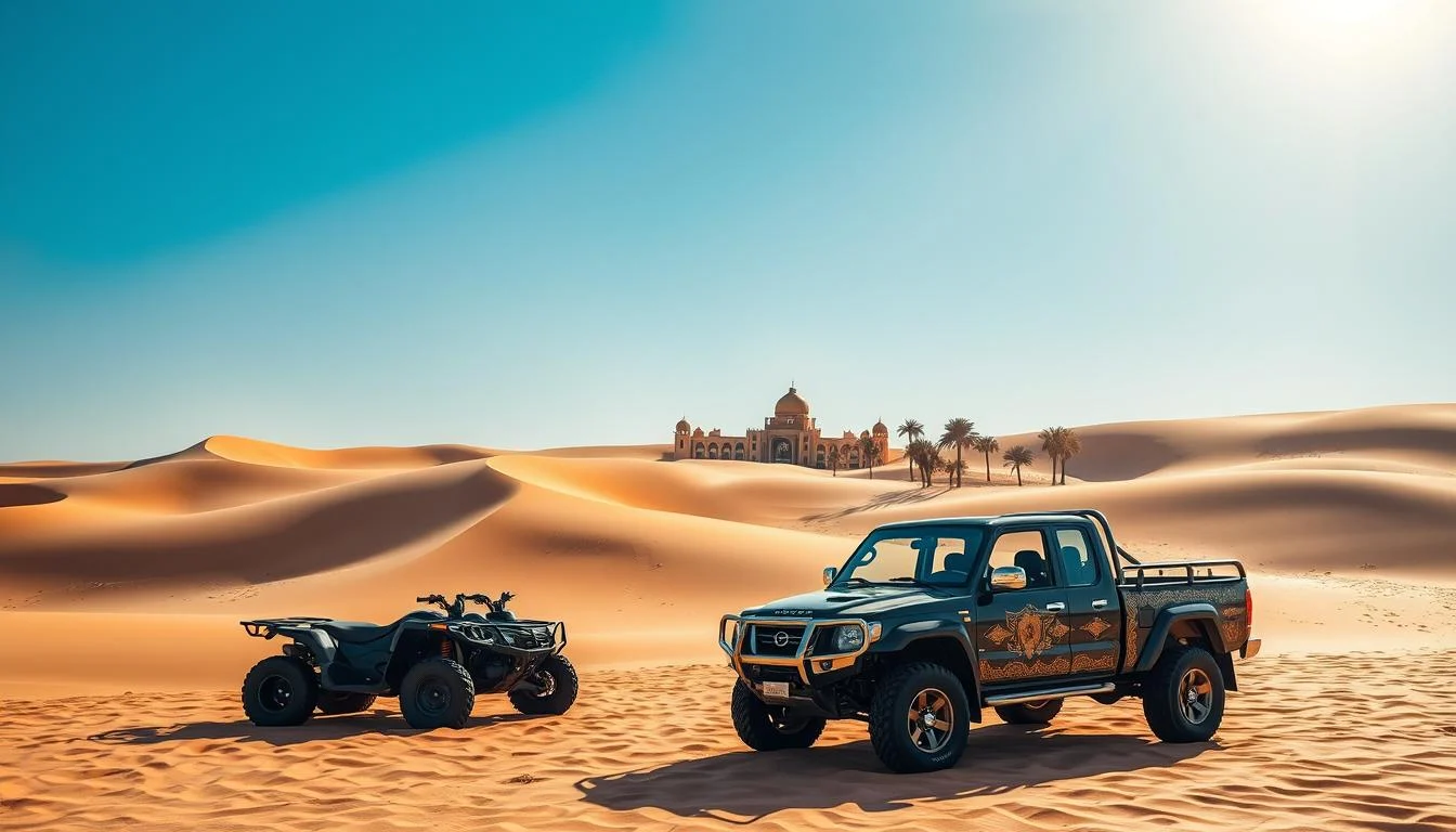 Tourists riding powerful Polaris 570cc Sportsman quad bikes across the golden desert dunes near Jumeirah, Dubai at sunset