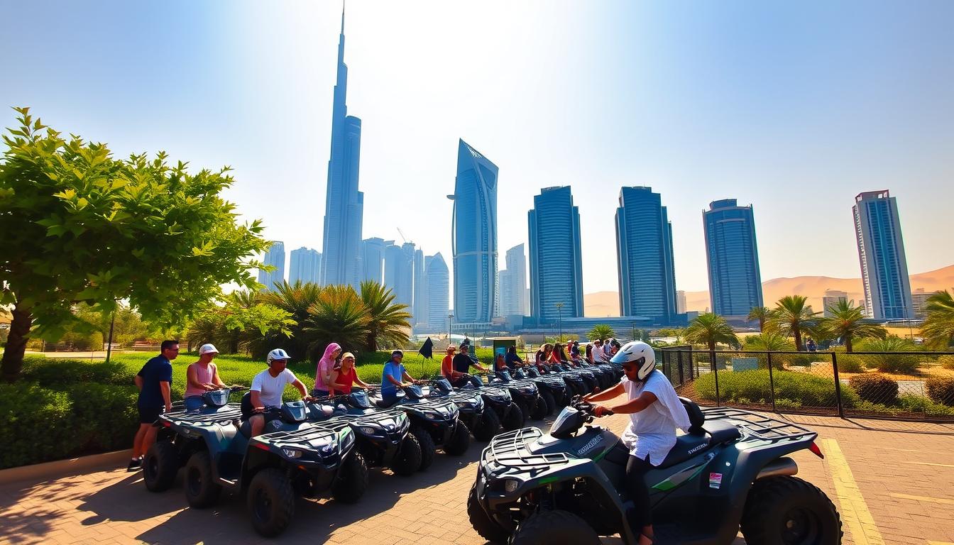 Tourists riding quad bikes across golden desert dunes with the Dubai skyline and Jumeirah Lake Towers in the background