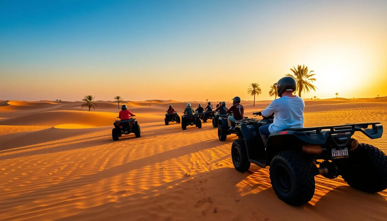 A group of quad bikers, including a woman in a red headscarf, riding 90cc ATVs across golden sand dunes in the Dubai desert under a clear blue sky