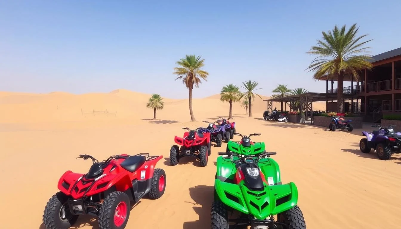 Tourists enjoying a quad biking tour in the Lahbab desert, with red dunes and a clear blue sky in Dubai, UAE