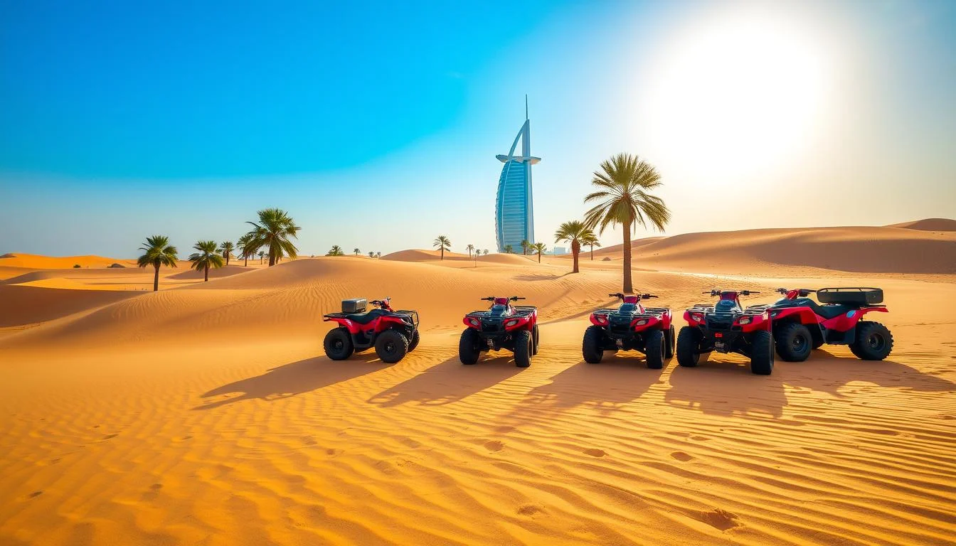 Row of red quad bikes on sand dunes near Umm Suqeim, Dubai, with palm trees and a sail-shaped tower behind