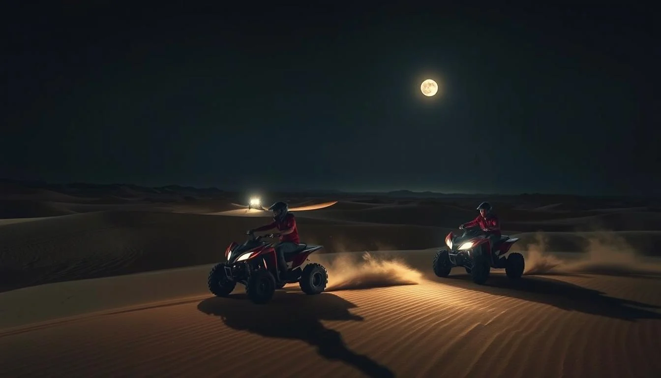 Tourists riding quad bikes across the dark Dubai desert dunes under a moonlit sky, with headlamps illuminating their path