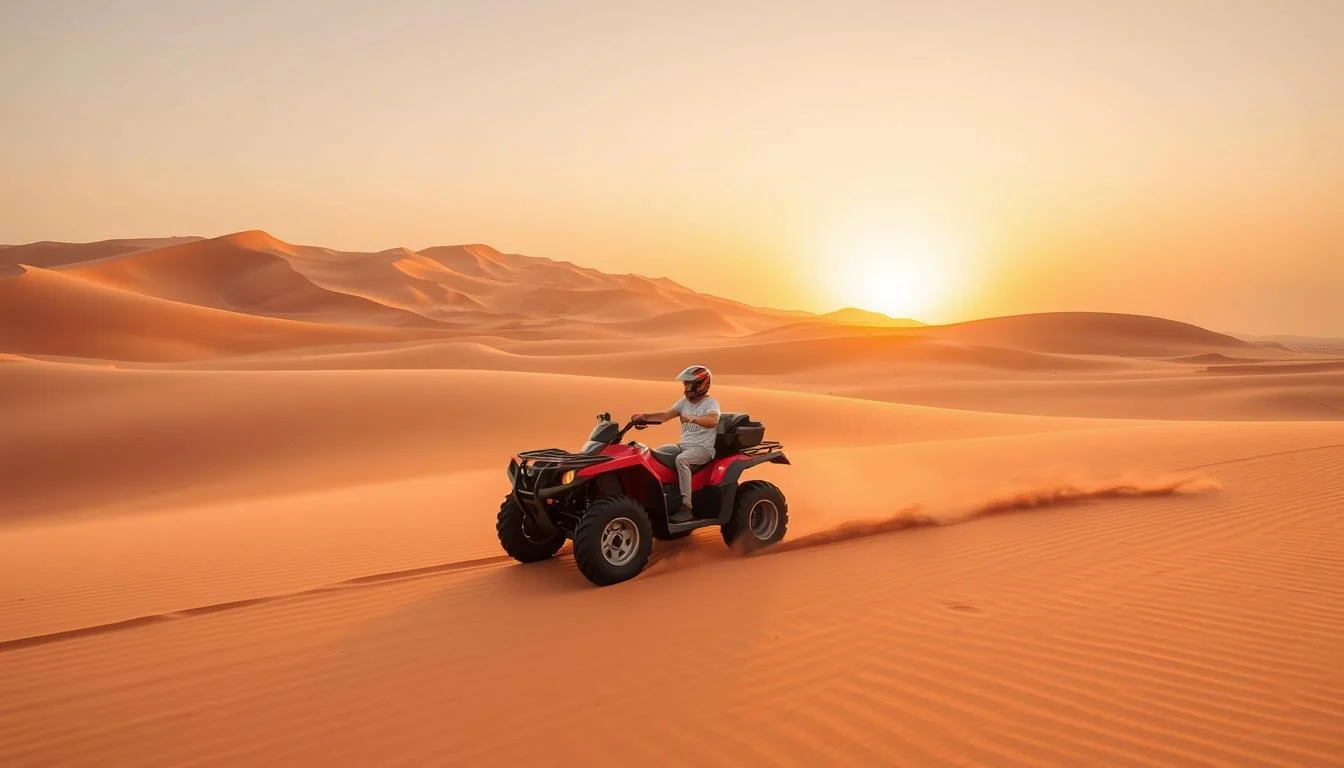 Tourists riding quad bikes across the golden sand dunes of the Dubai desert at sunset, with an experienced guide leading the way
