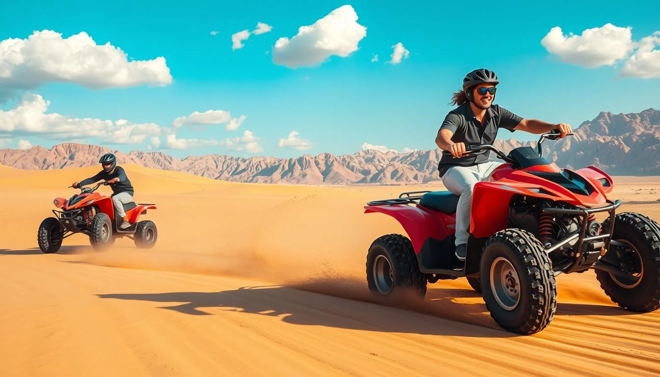 Tourists riding quad bikes across the golden sands of Sharjah desert, with a clear blue sky overhead, enjoying a thrilling adventure.