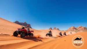 Tourists riding quad bikes across the golden sands of the Sinai Desert at sunset, with mountains in the background