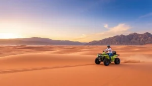 Quad bikers riding through the vast Gobi Desert at sunset, kicking up sand with vibrant orange and purple skies
