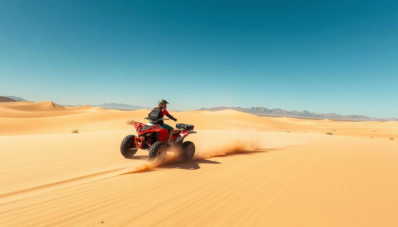 Tourists riding quad bikes across the vast sand dunes of Baja California, Mexico, with the sun rising in the background