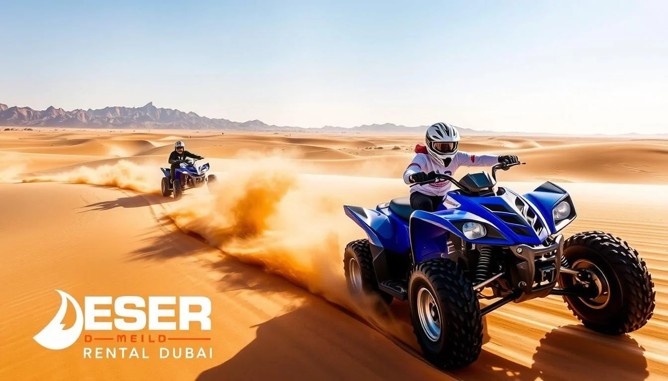 Family riding quad bikes across the vast, sandy Mutla Ridge Desert in Kuwait, with warm glow of sunset