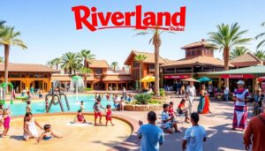 Families at a splash pad and plaza lined with palms and themed buildings under a large Riverland Dubai title