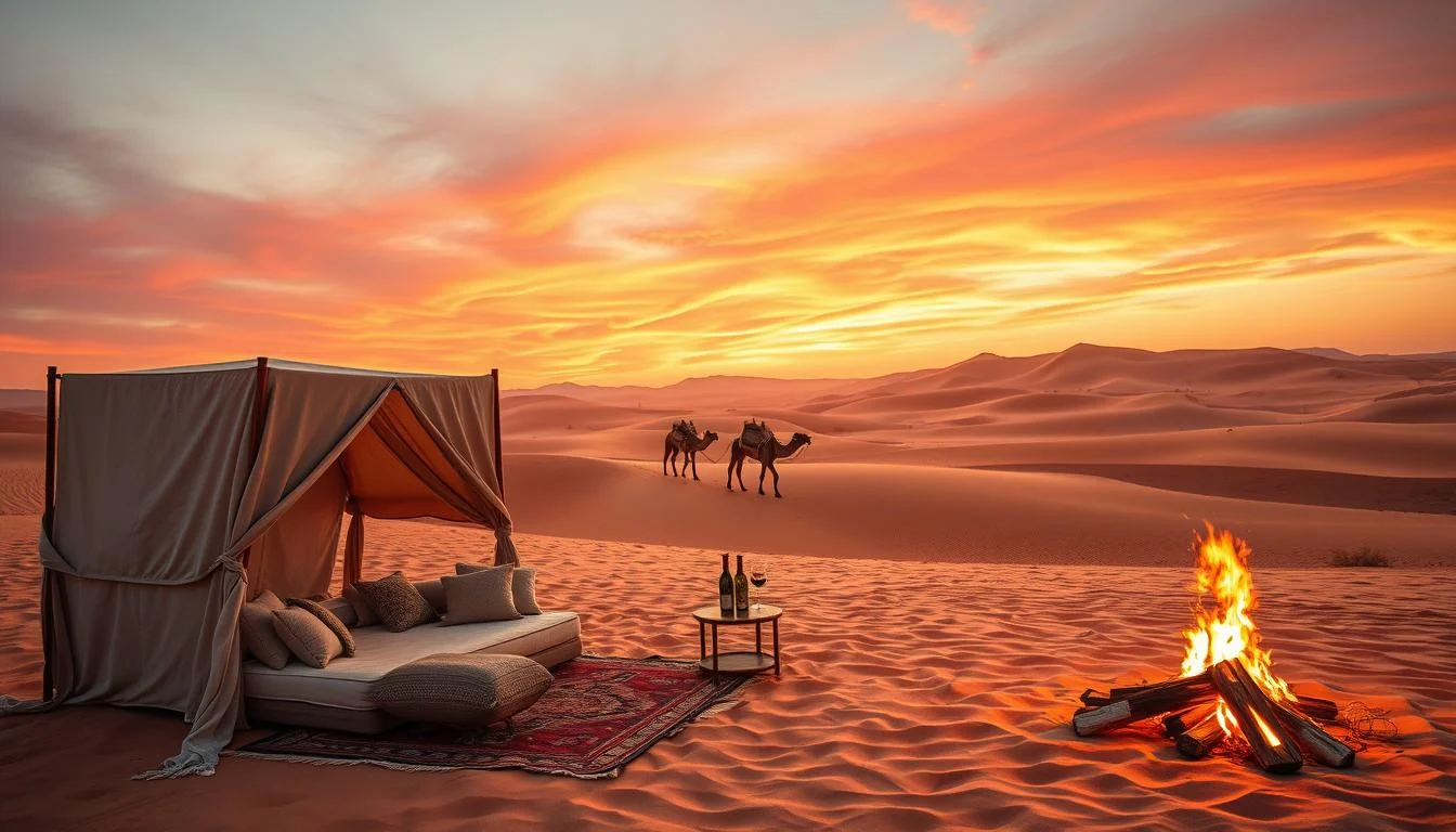 Couple enjoying a romantic private dinner setup on a desert dune at sunset, surrounded by golden sands and a vibrant sky